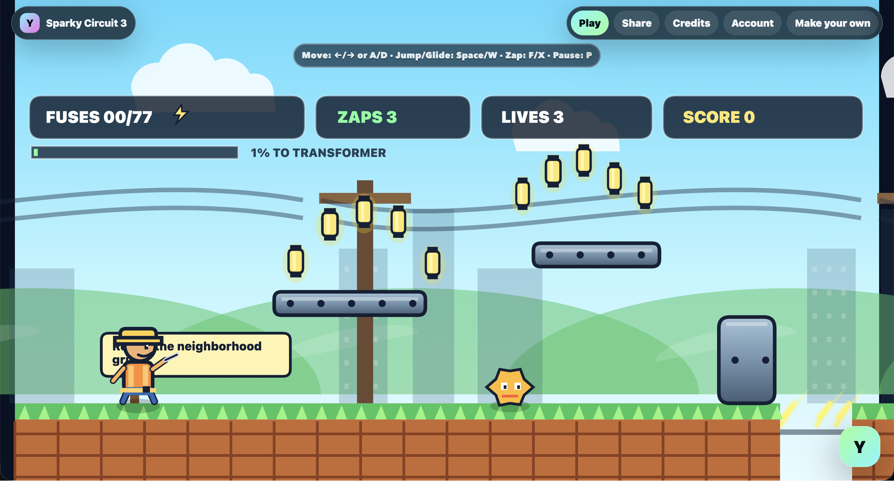 Sparky Circuit 3 browser platformer with an electrician, glowing fuses, zaps, platforms, and a transformer goal